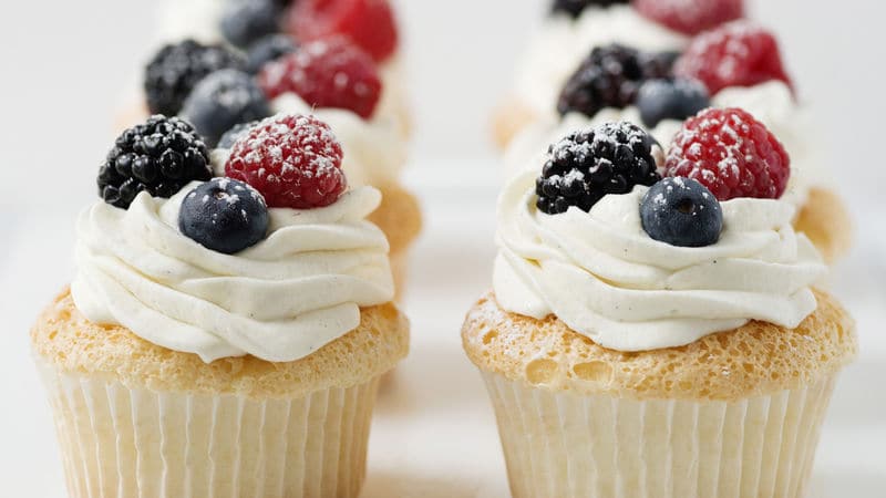 Angel Food Cupcakes with Whipped Cream and Berries