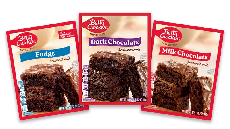 Betty Crocker fudge brownie mix, front of package; dark chocolate brownie mix, front of package, and milk chocolate brownie mix, front of package