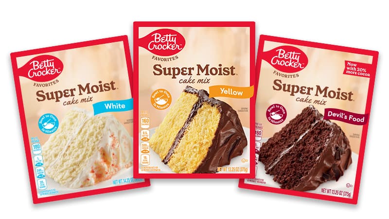 Betty Crocker Super Moist Cake Mix in White, front of package; Super Moist Cake Mix in Yellow, front of package; Super Moist Cake Mix in Devil's Food, front of package