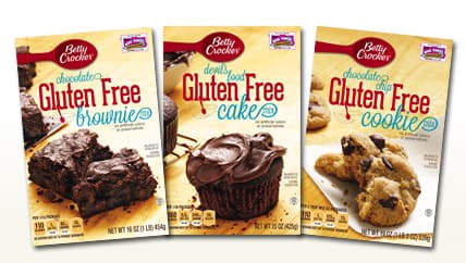 Betty Crocker Gluten Free chocolate brownie mix, front of package; Gluten Free devil's food cake mix, front of package; Gluten Free chocolate chip cookie mix, front of package